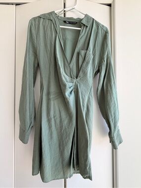 ZARA Sage Green Draped Wrap Shirt Dress XS